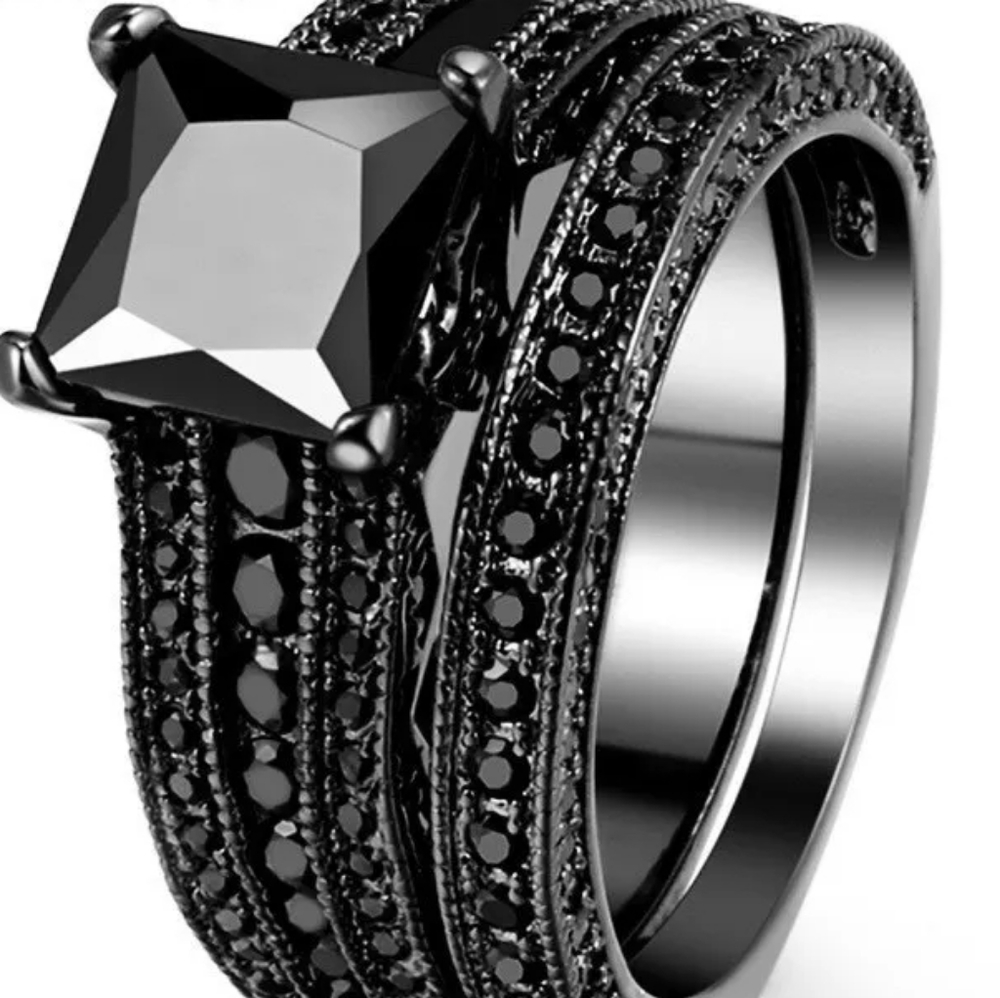 New Black Sapphire Princess Cut Double Band Ring - Picture 4 of 6